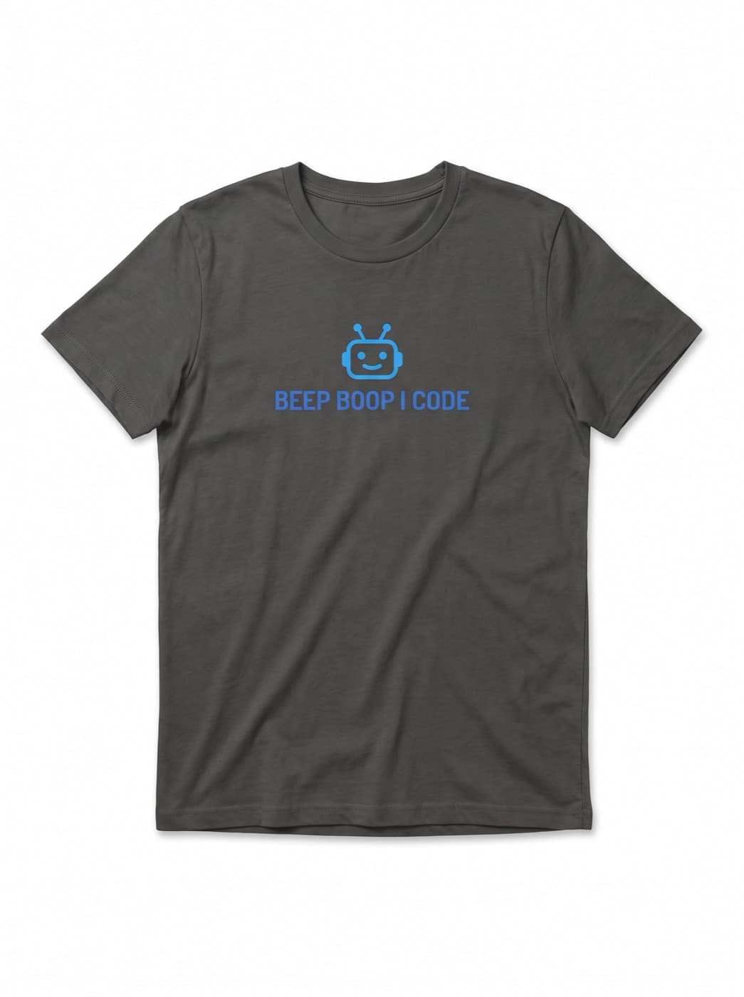 Beep Boop I Code tee in Charcoal, printed with BEEP BOOP I CODE