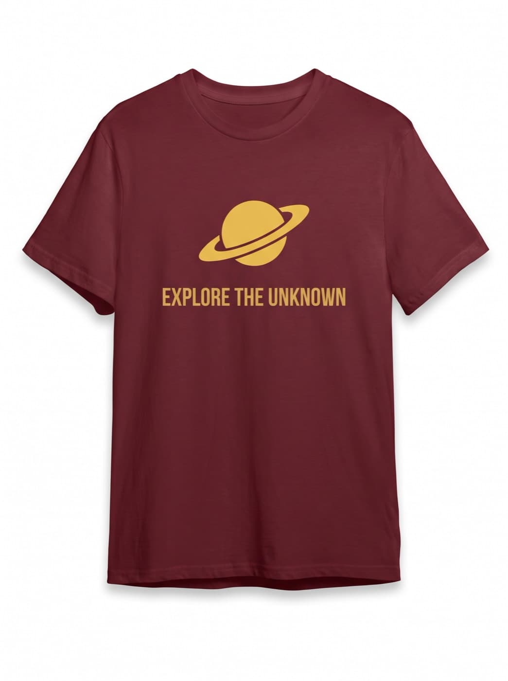 The Explore The Unknown tee in Maroon, printed with EXPLORE THE UNKNOWN
